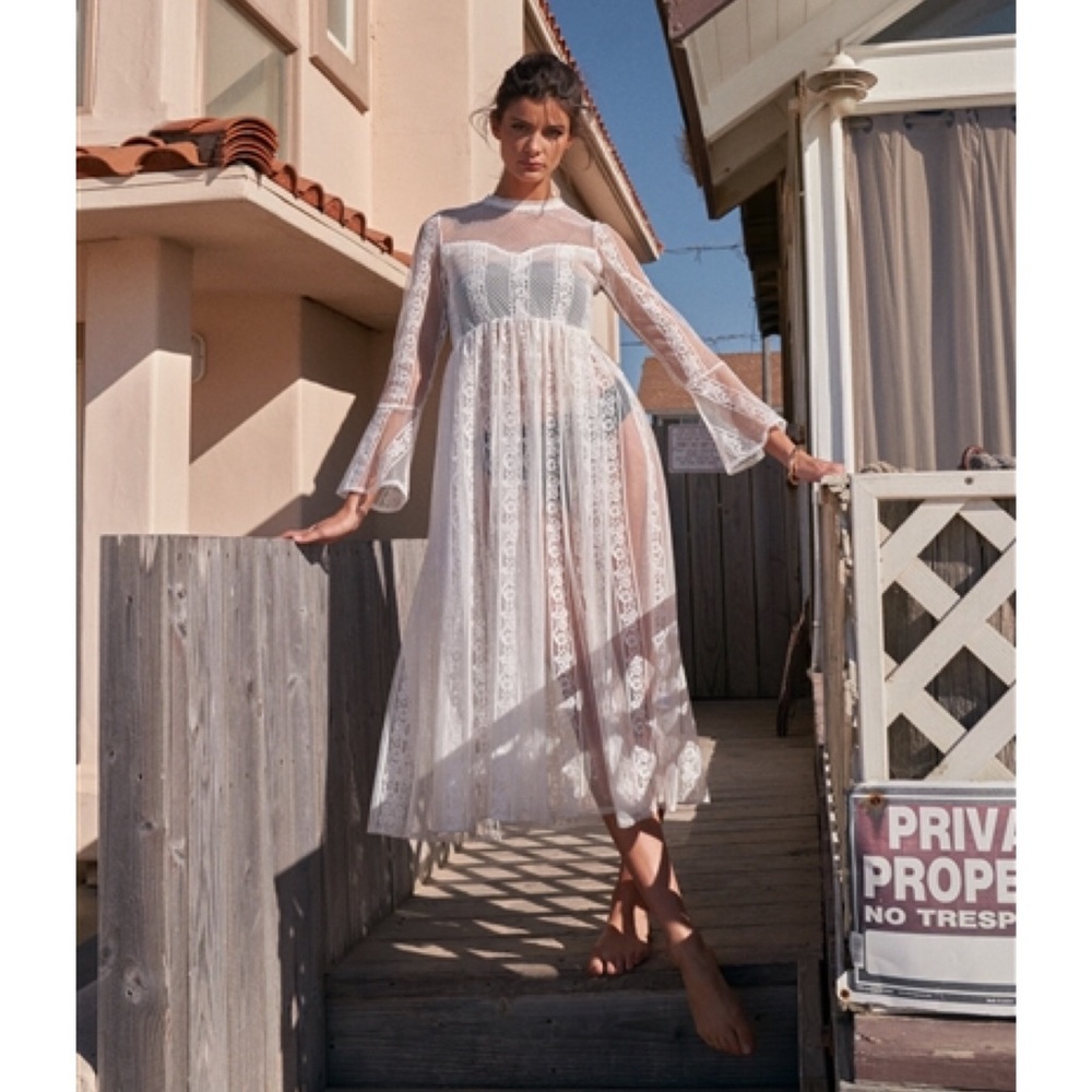 Boho Vintage Sheer Lace Midi Dress Flare Sleeves - Picture 5 of 8